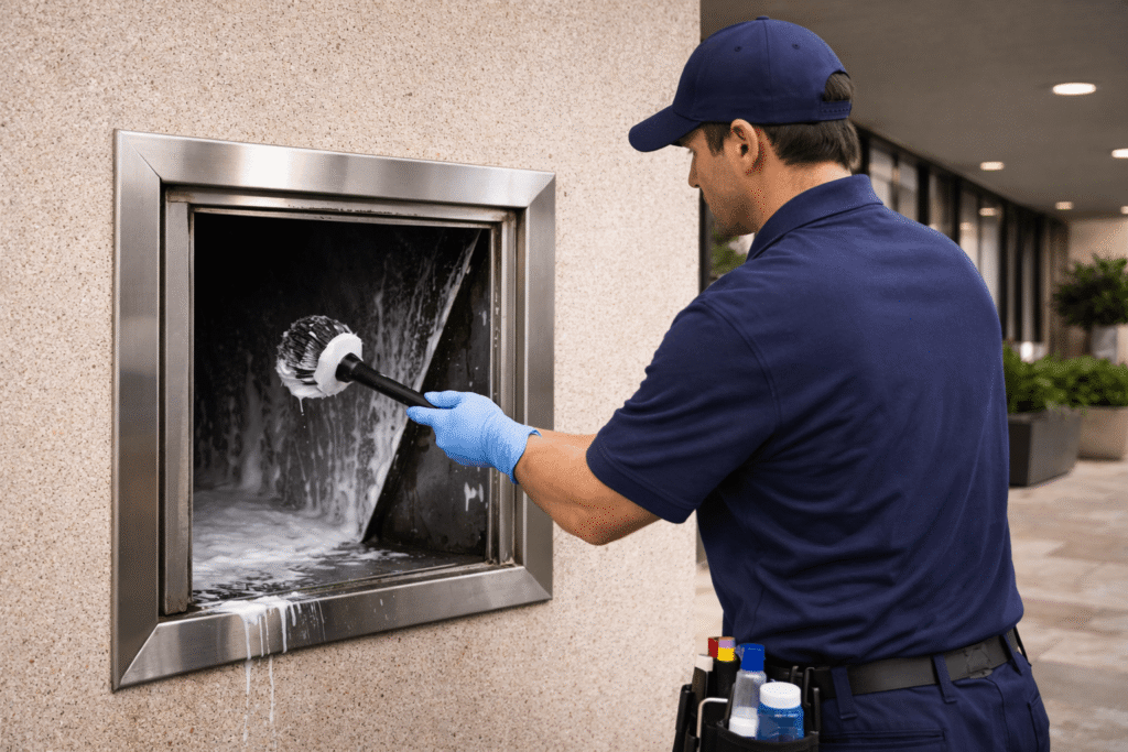 a professional cleaner performing a scheduled trash chute door cleaning