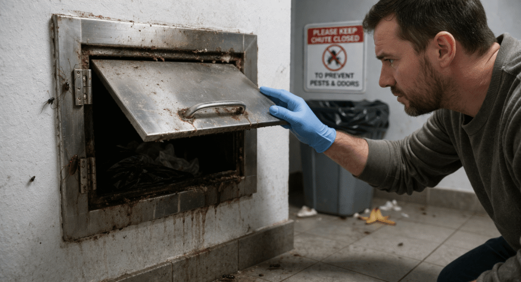 a stainless steel garbage chute door with visible signs