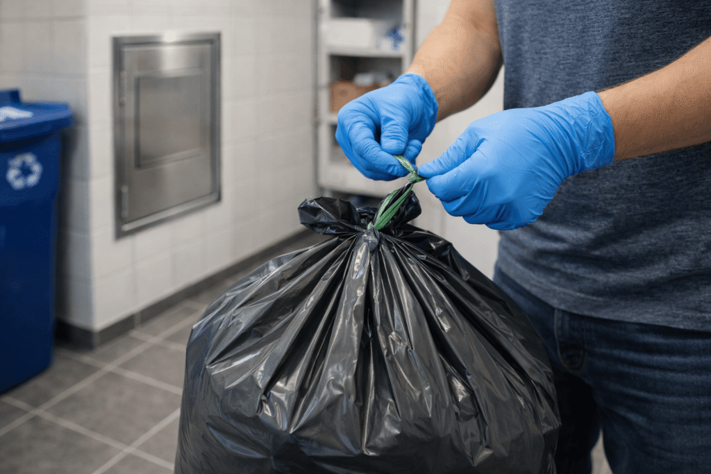 professional cleaner carefully tying a garbage bag securely before placing it into a garbage chute