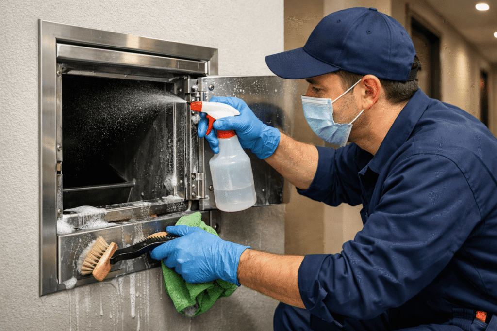 professional cleaner cleaning a garbage chute door in a modern apartment building hallway