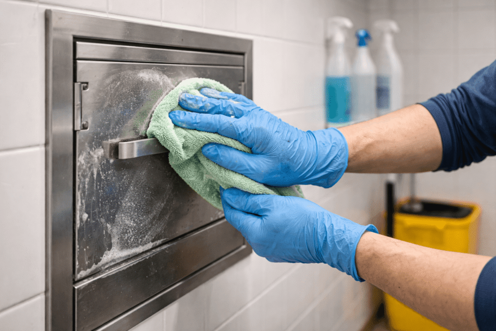 professional cleaner eliminating surface grime from a garbage chute door