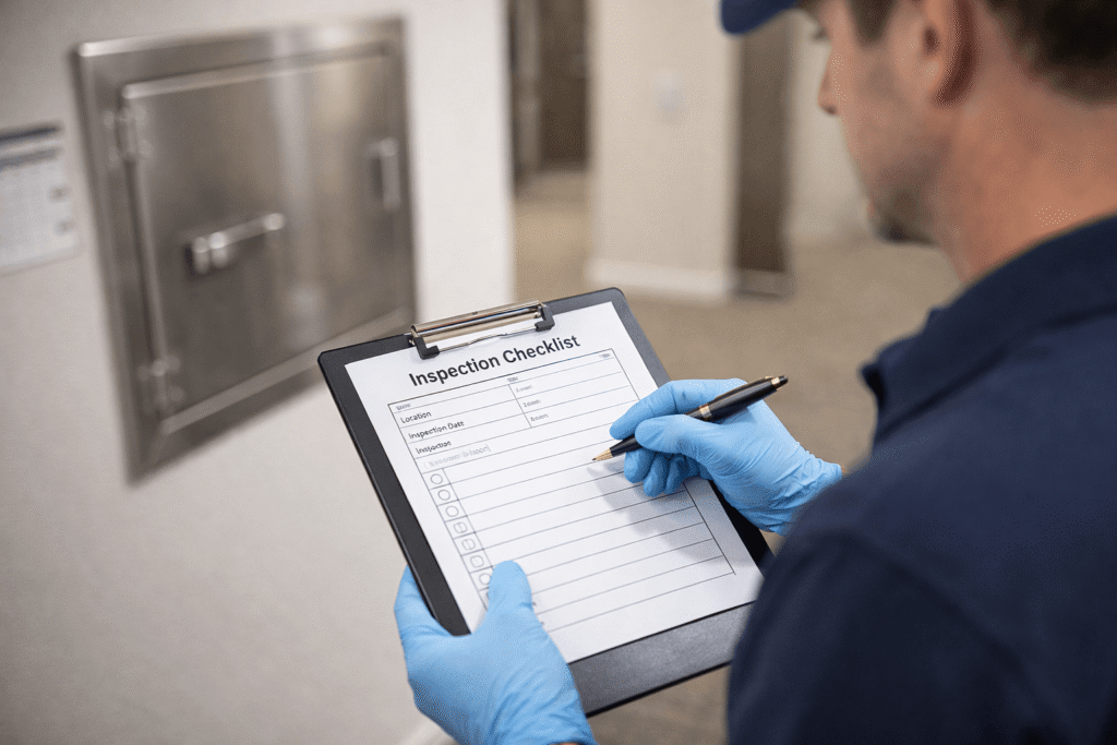 professional cleaner in uniform and protective gloves inspecting