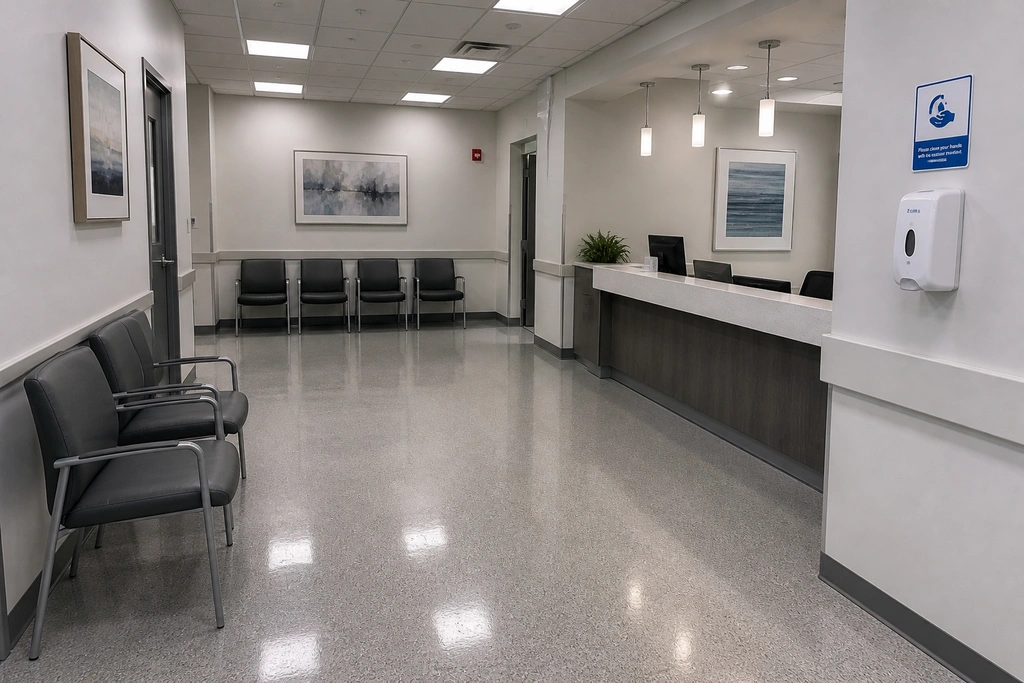 A clean and well-maintained medical office waiting room serviced by professional cleaning services in Los Angeles, California.