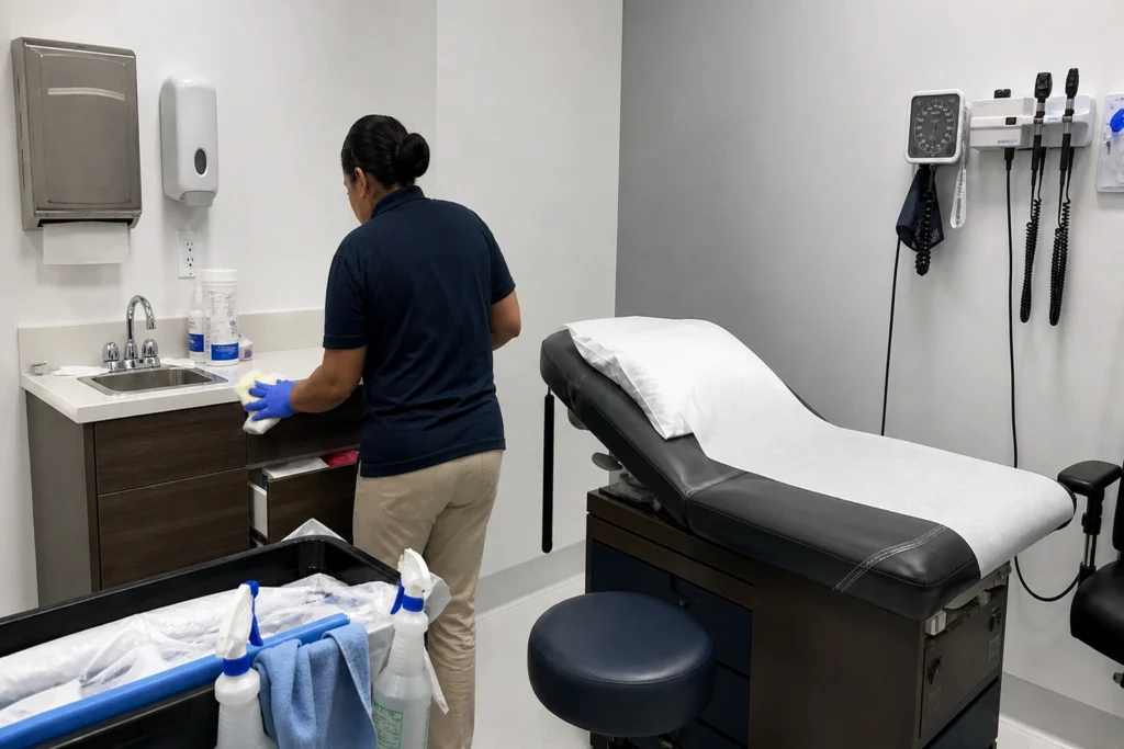 A professional cleaner cleaning a medical office as part of commercial cleaning services in Los Angeles, California.