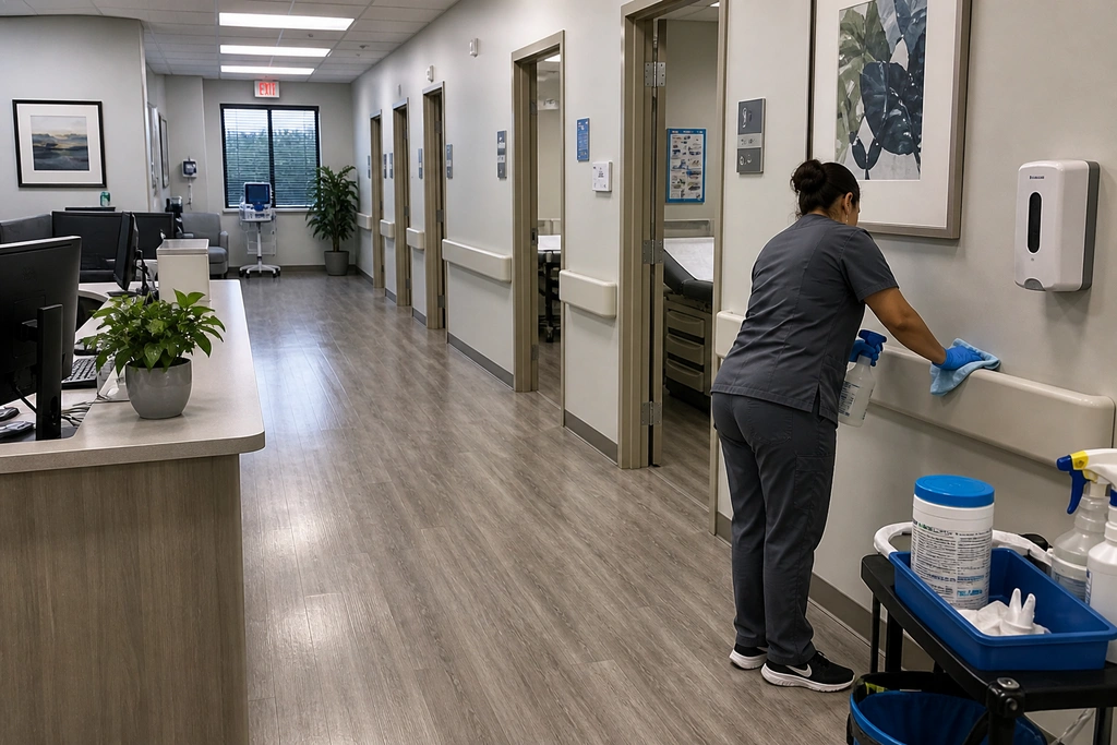 Professional commercial cleaning staff performing deep cleaning in a medical office in Los Angeles, California.